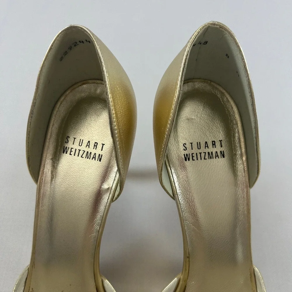 Stuart Weitzman Heels Crissy D'Orsay Womens 8 Gold‎ Leather Peep Toe Pumps